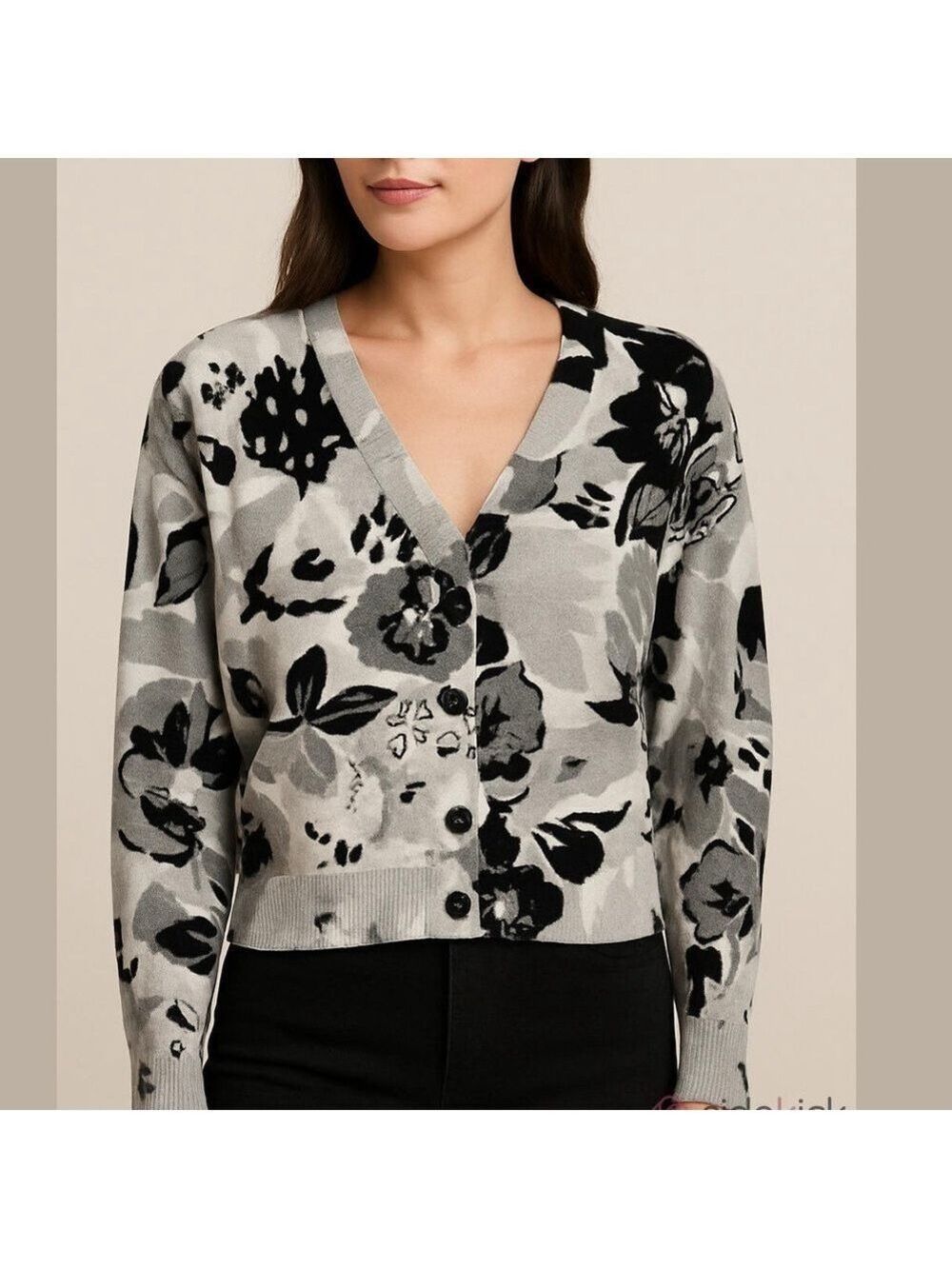 WISPR by Brodie cotton silk blend button up cardigan sweater black grey floral